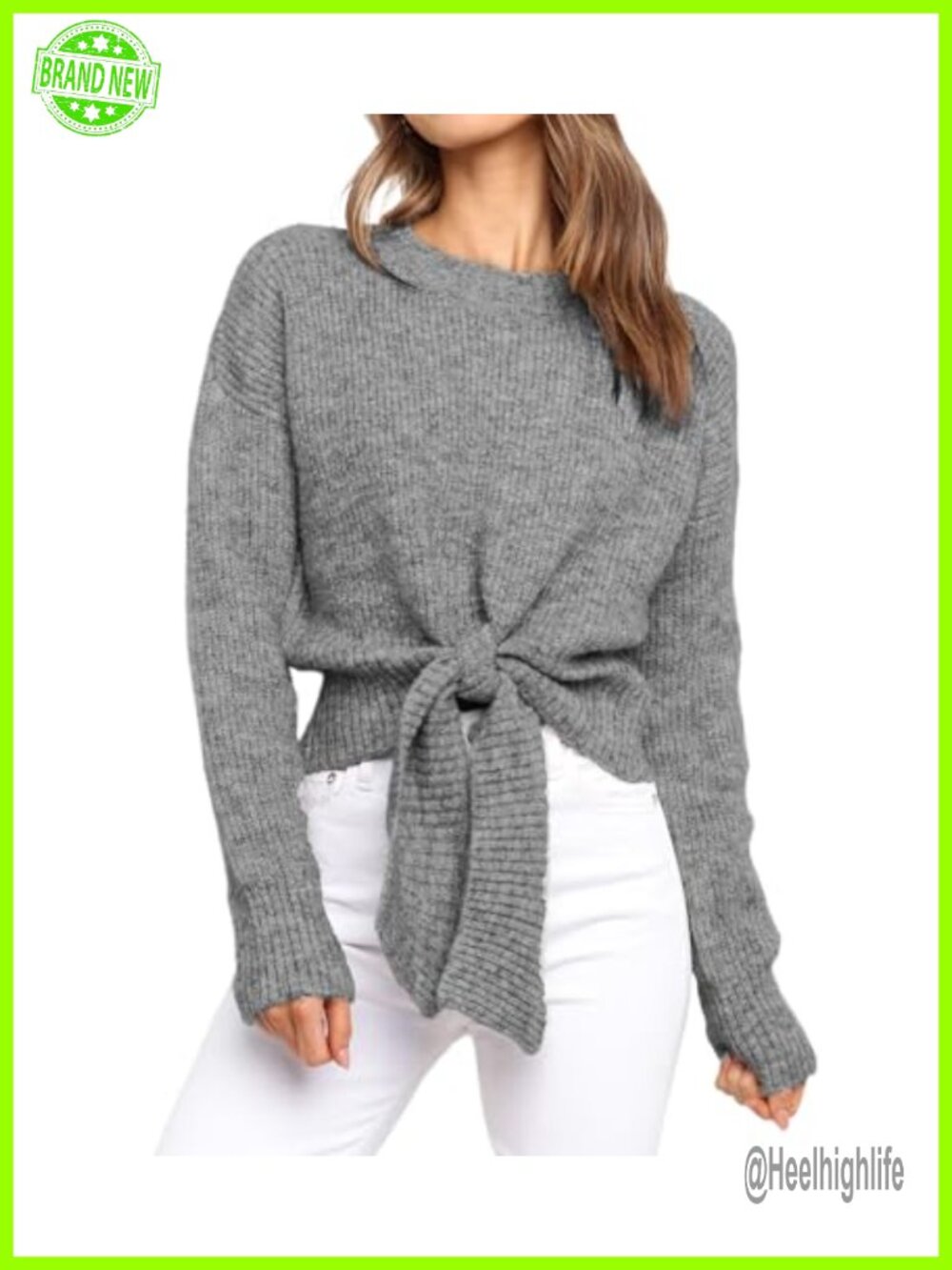 Womens Chunky Cable Knit Cropped Sweater Tie Front Crew Neck Pullover